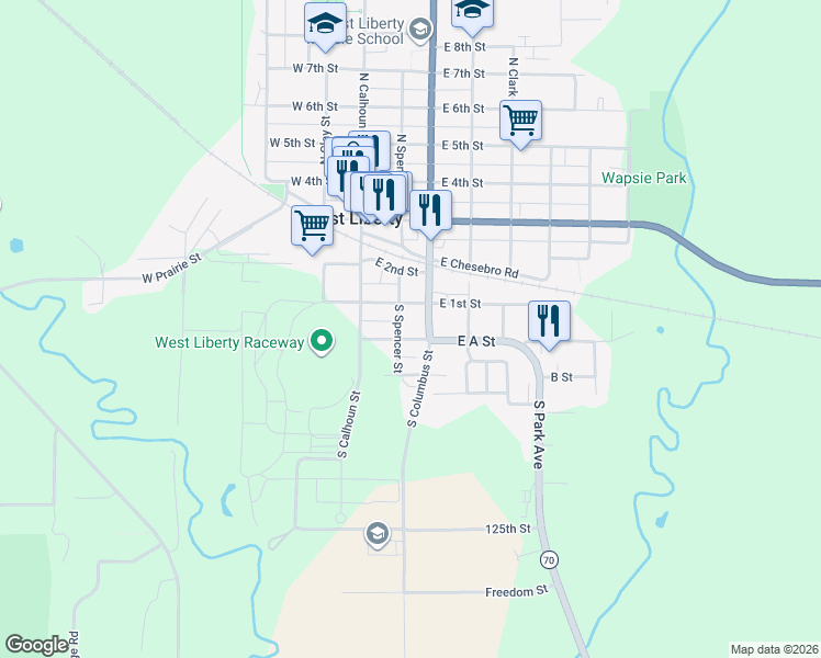 map of restaurants, bars, coffee shops, grocery stores, and more near 203 1/2 East A Street in West Liberty