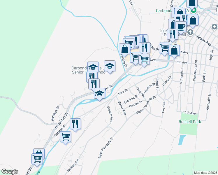 map of restaurants, bars, coffee shops, grocery stores, and more near 101 Brooklyn Street in Carbondale