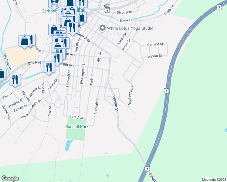 map of restaurants, bars, coffee shops, grocery stores, and more near 36 Harlem Avenue in Carbondale