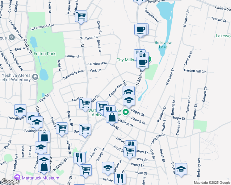 map of restaurants, bars, coffee shops, grocery stores, and more near 1027 North Main Street in Waterbury