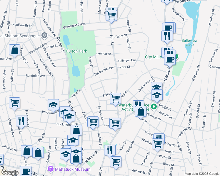 map of restaurants, bars, coffee shops, grocery stores, and more near 12 North Barnes Street in Waterbury