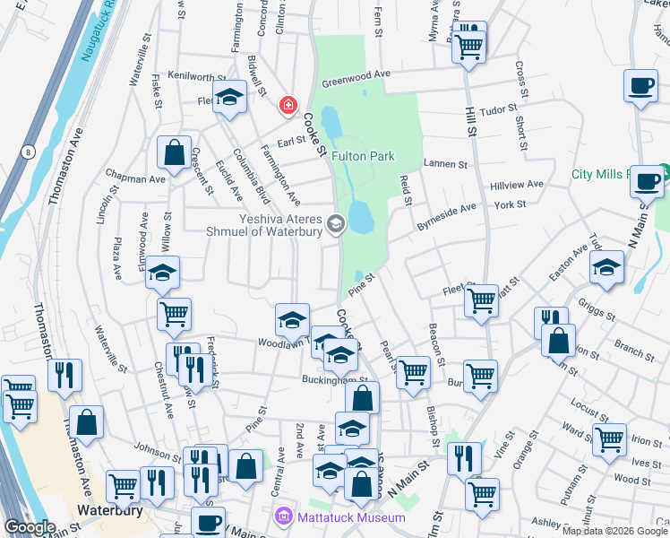 map of restaurants, bars, coffee shops, grocery stores, and more near 16 Clifton Avenue in Waterbury
