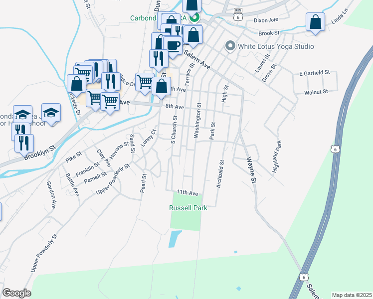 map of restaurants, bars, coffee shops, grocery stores, and more near 198 Terrace Street in Carbondale