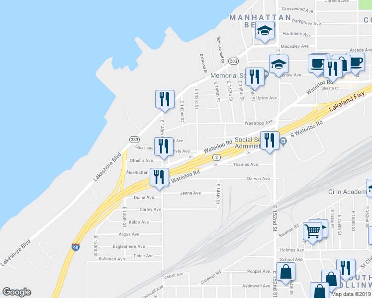 map of restaurants, bars, coffee shops, grocery stores, and more near 14134 Sylvia Avenue in Cleveland