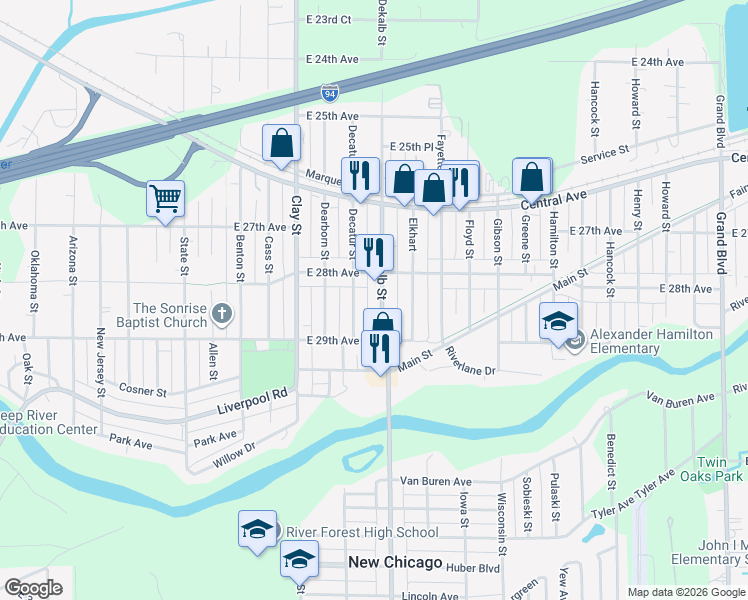 map of restaurants, bars, coffee shops, grocery stores, and more near 2845 Decatur Street in Gary