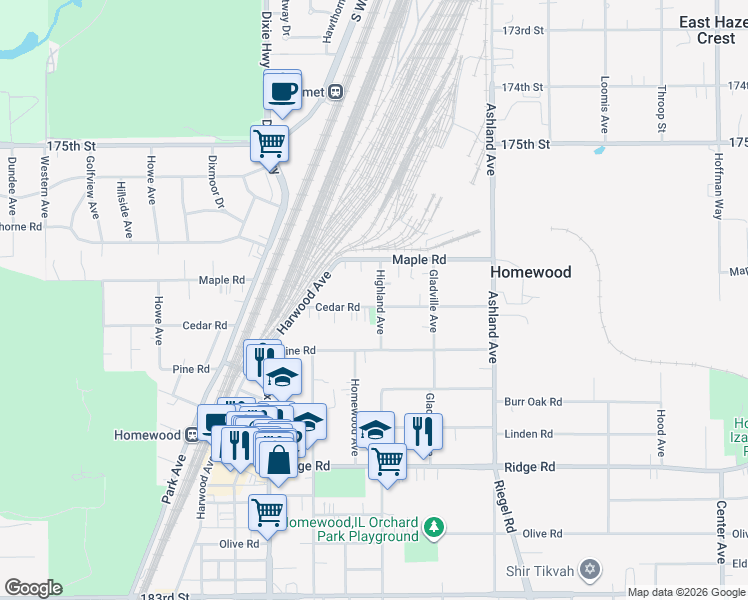 map of restaurants, bars, coffee shops, grocery stores, and more near 1825 Cedar Road in Homewood