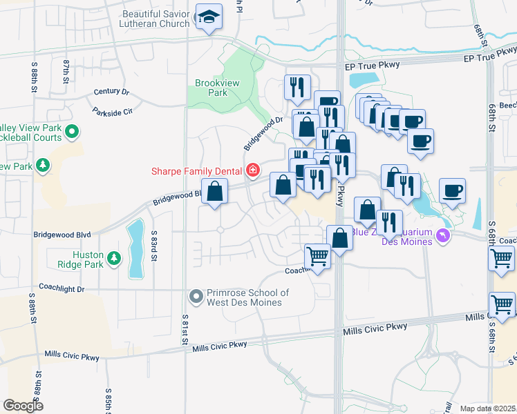 map of restaurants, bars, coffee shops, grocery stores, and more near 7730 Wistful Vista Drive in West Des Moines