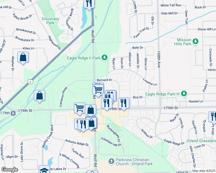 map of restaurants, bars, coffee shops, grocery stores, and more near 11117 Wisconsin Court in Orland Park