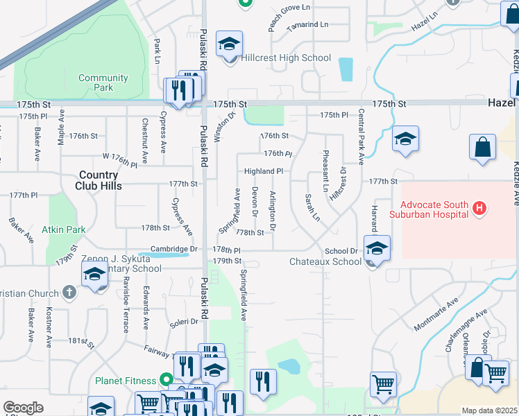 map of restaurants, bars, coffee shops, grocery stores, and more near 17771 Devon Drive in Country Club Hills