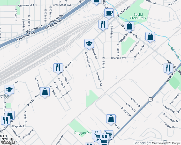 map of restaurants, bars, coffee shops, grocery stores, and more near 1486 Larchmont Road in Cleveland