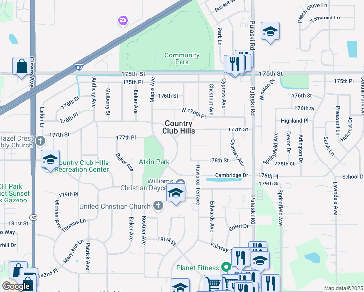 map of restaurants, bars, coffee shops, grocery stores, and more near 17801 Cedar Avenue in Country Club Hills