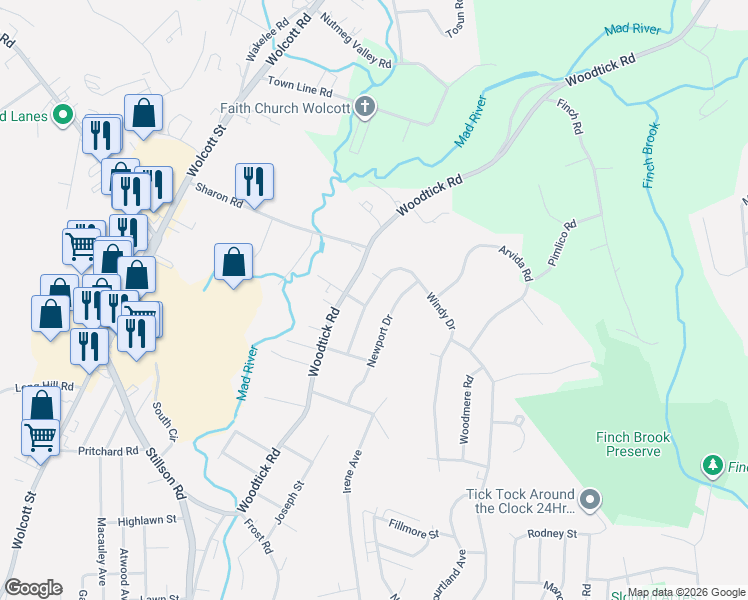 map of restaurants, bars, coffee shops, grocery stores, and more near 72 Windy Drive in Waterbury