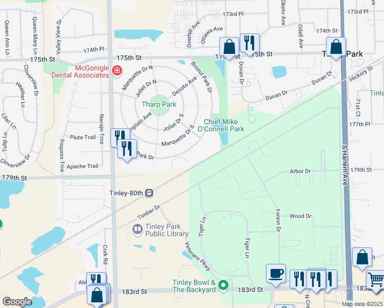 map of restaurants, bars, coffee shops, grocery stores, and more near 7779 Bristol Park Drive in Tinley Park