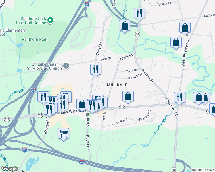 map of restaurants, bars, coffee shops, grocery stores, and more near 13 Jennifer Lynn Drive in Southington