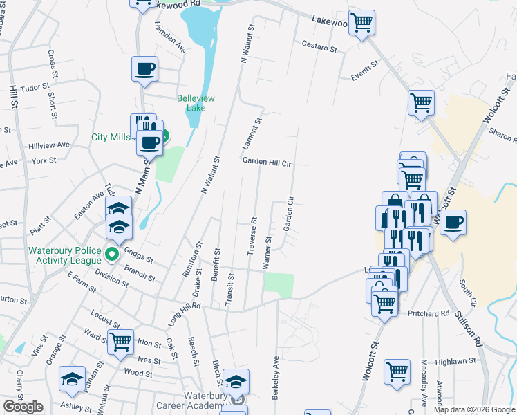 map of restaurants, bars, coffee shops, grocery stores, and more near 191 Warner Street in Waterbury