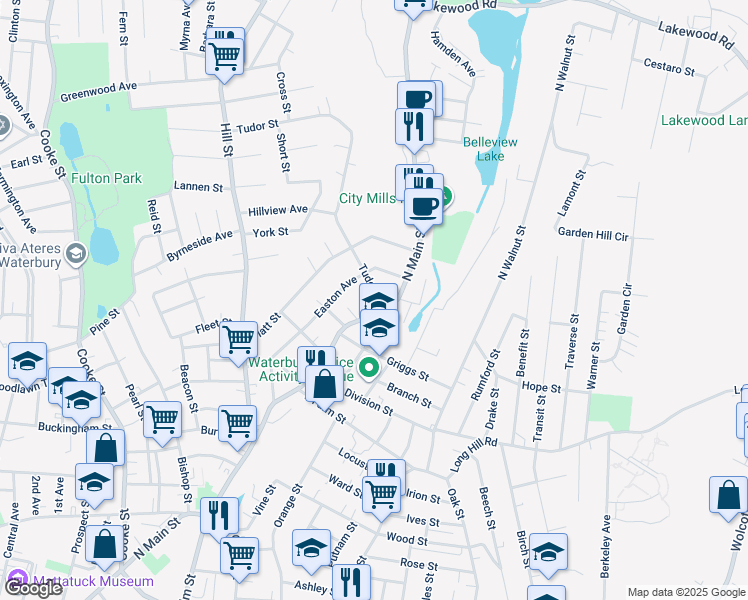 map of restaurants, bars, coffee shops, grocery stores, and more near in Waterbury