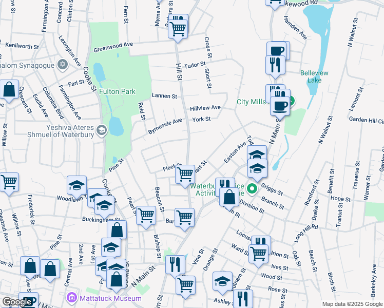 map of restaurants, bars, coffee shops, grocery stores, and more near 149 Hill Street in Waterbury