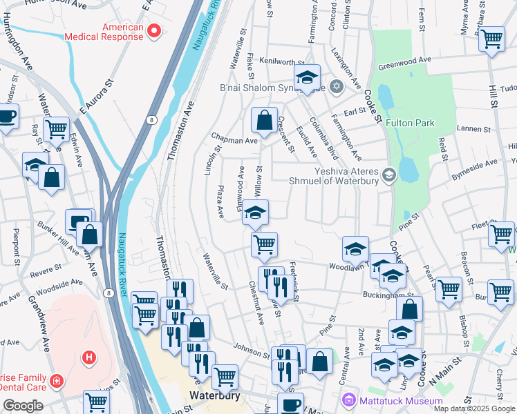 map of restaurants, bars, coffee shops, grocery stores, and more near 320 Willow Street in Waterbury