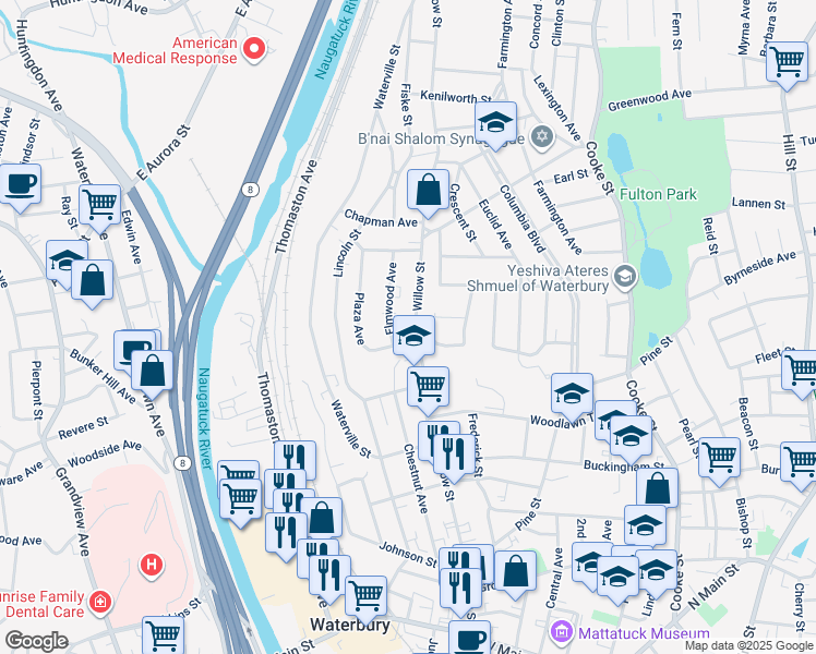 map of restaurants, bars, coffee shops, grocery stores, and more near 320 Willow Street in Waterbury