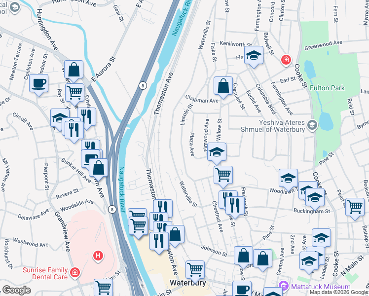map of restaurants, bars, coffee shops, grocery stores, and more near 79 Plaza Avenue in Waterbury