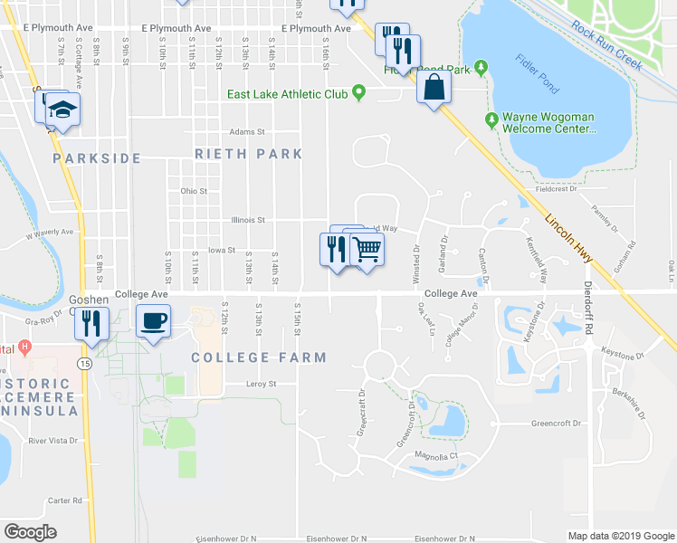map of restaurants, bars, coffee shops, grocery stores, and more near 1303 College Avenue in Goshen