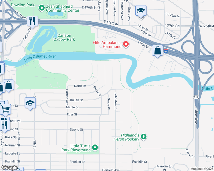 map of restaurants, bars, coffee shops, grocery stores, and more near 8052 Duluth Street in Highland