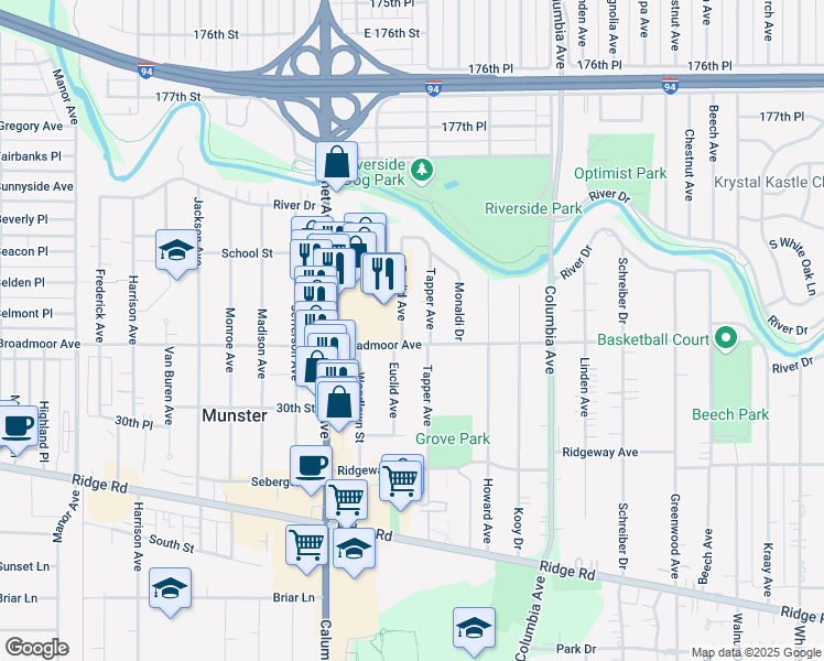 map of restaurants, bars, coffee shops, grocery stores, and more near 920-998 Broadmoor Ave in Munster