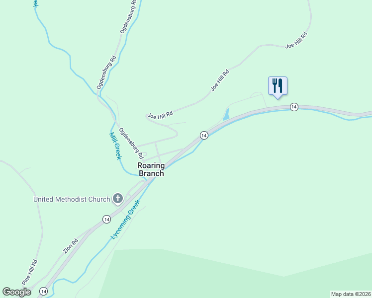 map of restaurants, bars, coffee shops, grocery stores, and more near Highway 14 in Roaring Branch