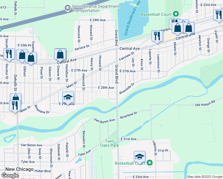 map of restaurants, bars, coffee shops, grocery stores, and more near 1811 East 28th Avenue in Gary