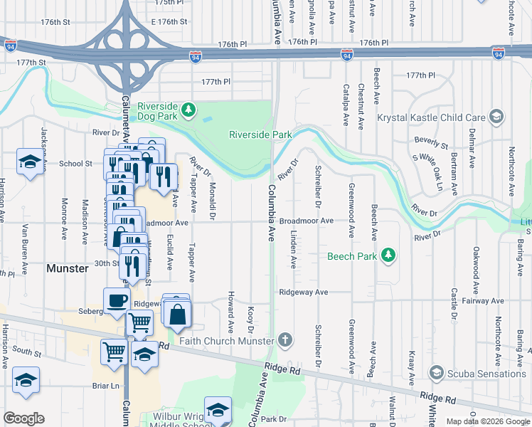 map of restaurants, bars, coffee shops, grocery stores, and more near 1160-1198 Broadmoor Ave in Munster