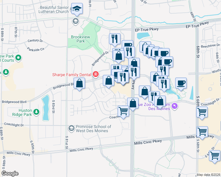 map of restaurants, bars, coffee shops, grocery stores, and more near 7730 Wistful Vista Drive in West Des Moines