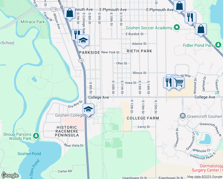 map of restaurants, bars, coffee shops, grocery stores, and more near 1609 South 10th Street in Goshen