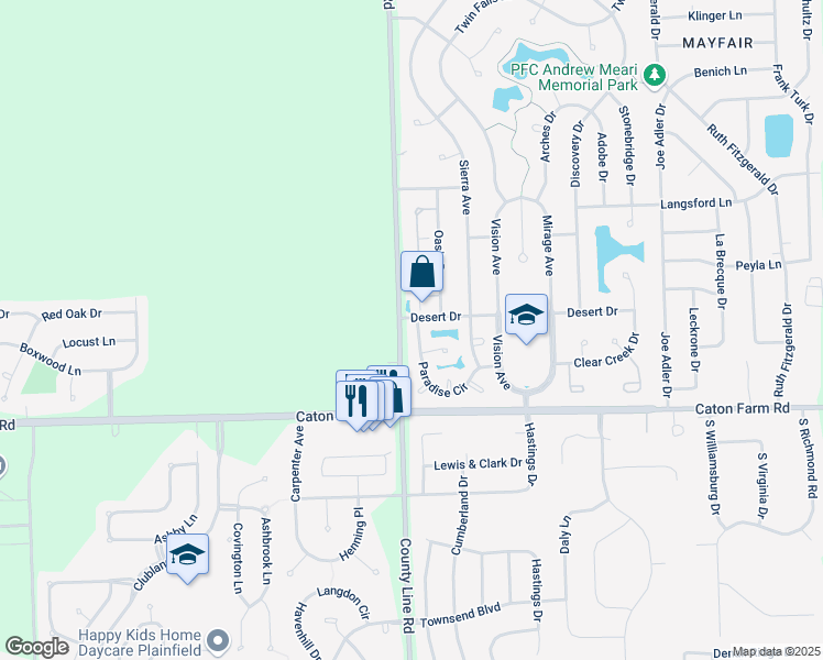 map of restaurants, bars, coffee shops, grocery stores, and more near 2509 Paradise Circle in Plainfield