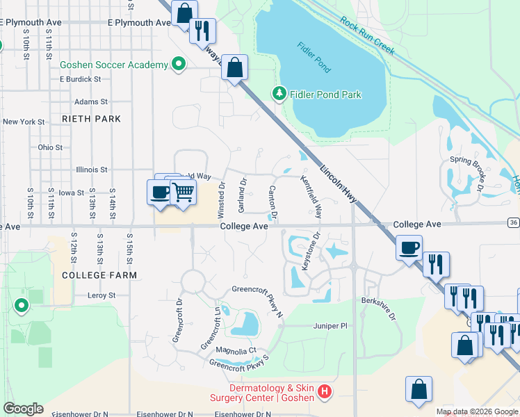 map of restaurants, bars, coffee shops, grocery stores, and more near 1704 Garland Dr in Goshen