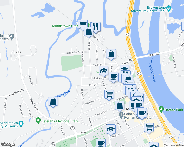 map of restaurants, bars, coffee shops, grocery stores, and more near 560 High Street in Middletown