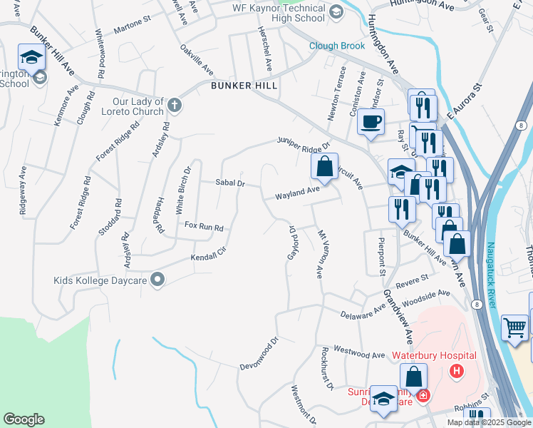 map of restaurants, bars, coffee shops, grocery stores, and more near 255 Gaylord Drive in Waterbury