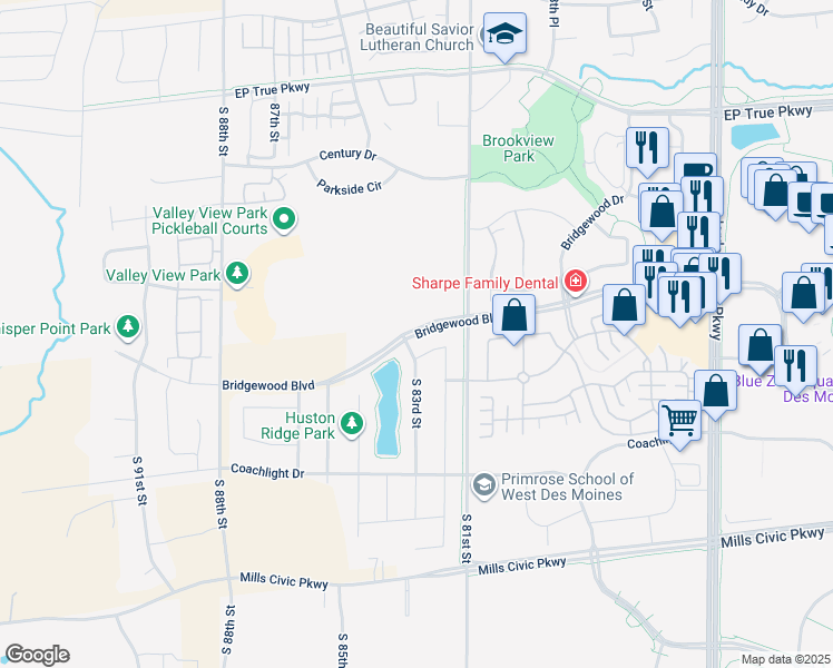 map of restaurants, bars, coffee shops, grocery stores, and more near Bridgewood Boulevard in West Des Moines