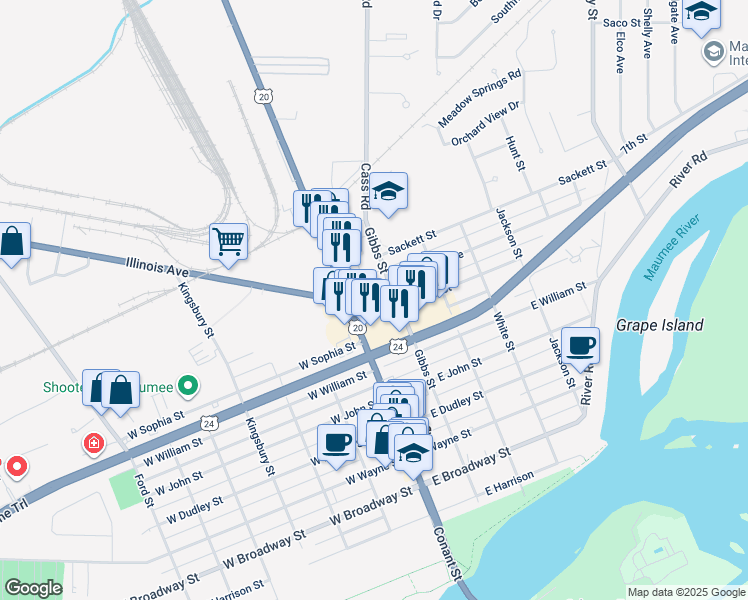 map of restaurants, bars, coffee shops, grocery stores, and more near 105 Golden Gate Plaza in Maumee