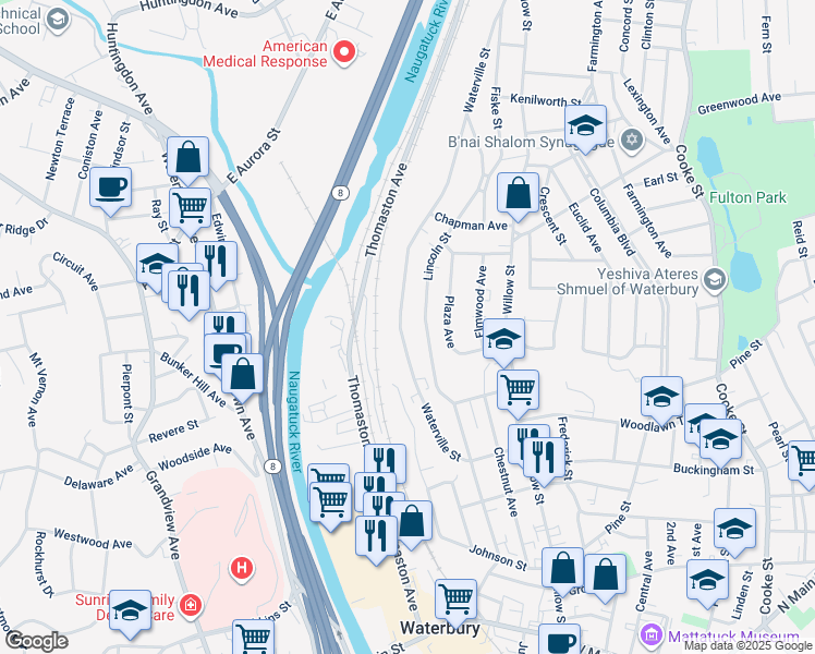 map of restaurants, bars, coffee shops, grocery stores, and more near 276 Waterville Street in Waterbury