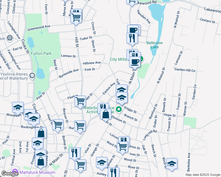 map of restaurants, bars, coffee shops, grocery stores, and more near 1027 North Main Street in Waterbury