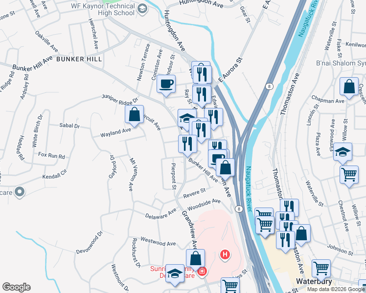 map of restaurants, bars, coffee shops, grocery stores, and more near 10 Woodruff Street in Waterbury