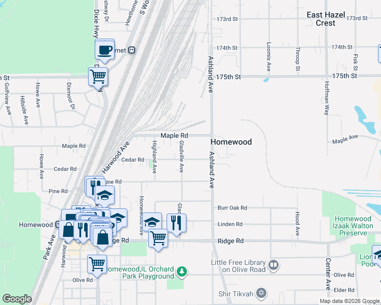 map of restaurants, bars, coffee shops, grocery stores, and more near 1639 Cedar Road in Homewood