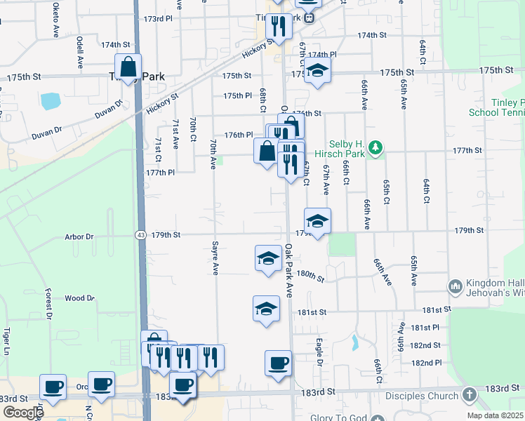 map of restaurants, bars, coffee shops, grocery stores, and more near 6850 179th Street in Tinley Park