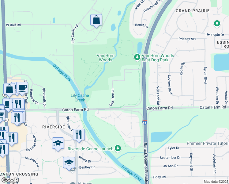 map of restaurants, bars, coffee shops, grocery stores, and more near 2430 Oak Tree Lane in Plainfield