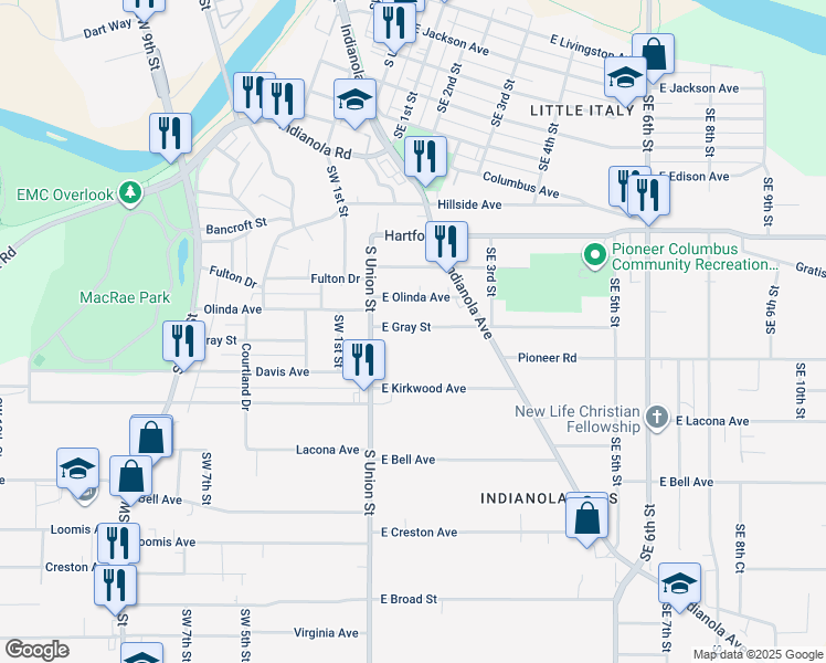 map of restaurants, bars, coffee shops, grocery stores, and more near 17 East Gray Street in Des Moines
