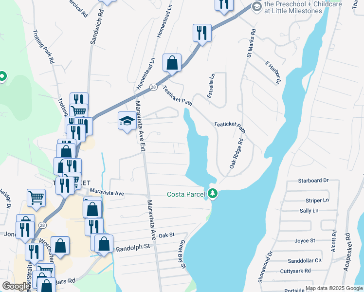 map of restaurants, bars, coffee shops, grocery stores, and more near 52 Mattapan Street in Falmouth