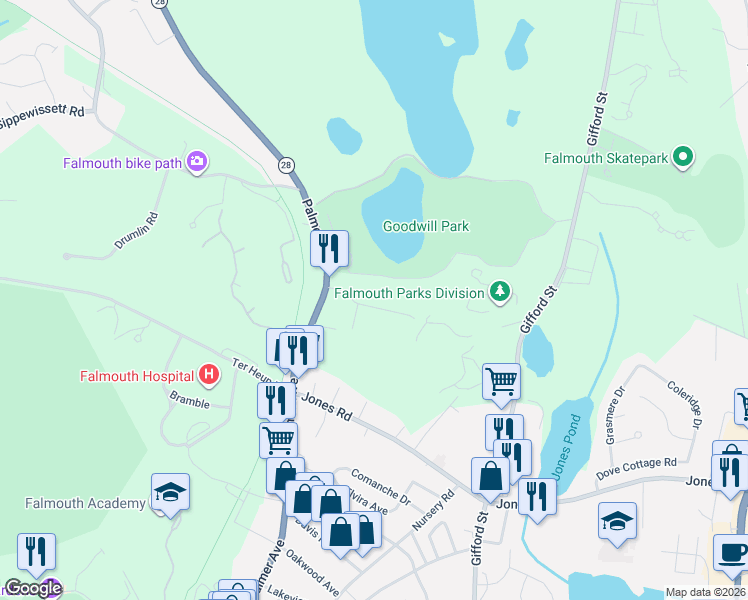 map of restaurants, bars, coffee shops, grocery stores, and more near 30 Rogers Road in Falmouth