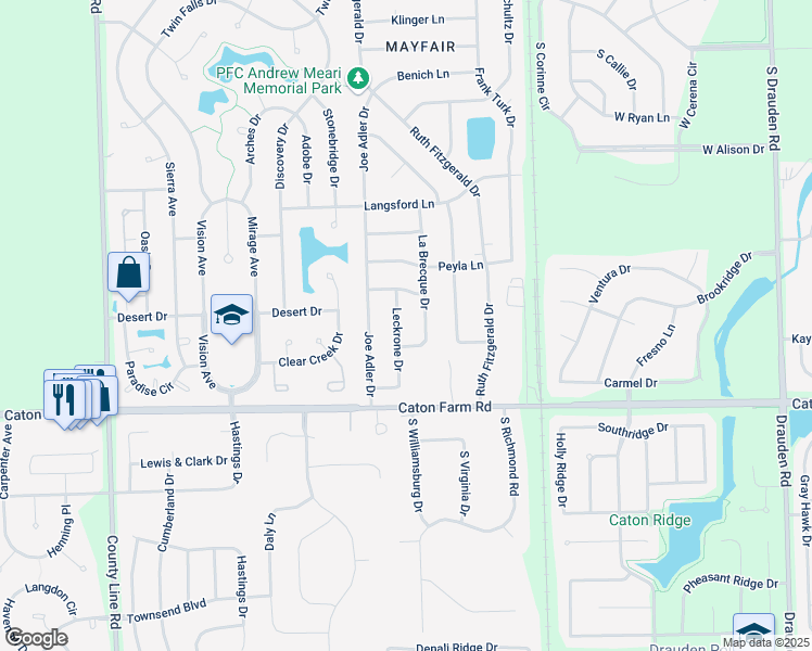 map of restaurants, bars, coffee shops, grocery stores, and more near 2900 La Brecque Drive in Plainfield