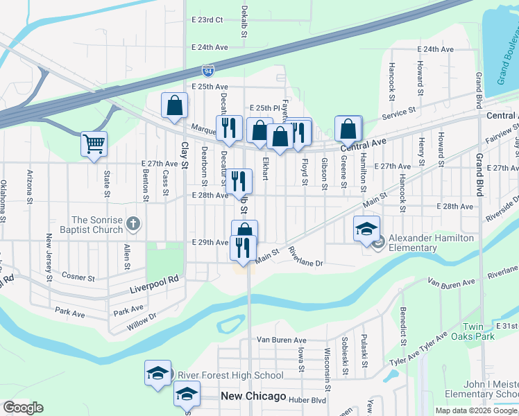 map of restaurants, bars, coffee shops, grocery stores, and more near 2837 Dekalb Street in Lake Station
