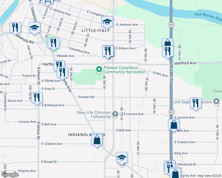 map of restaurants, bars, coffee shops, grocery stores, and more near 519 Pioneer Road in Des Moines